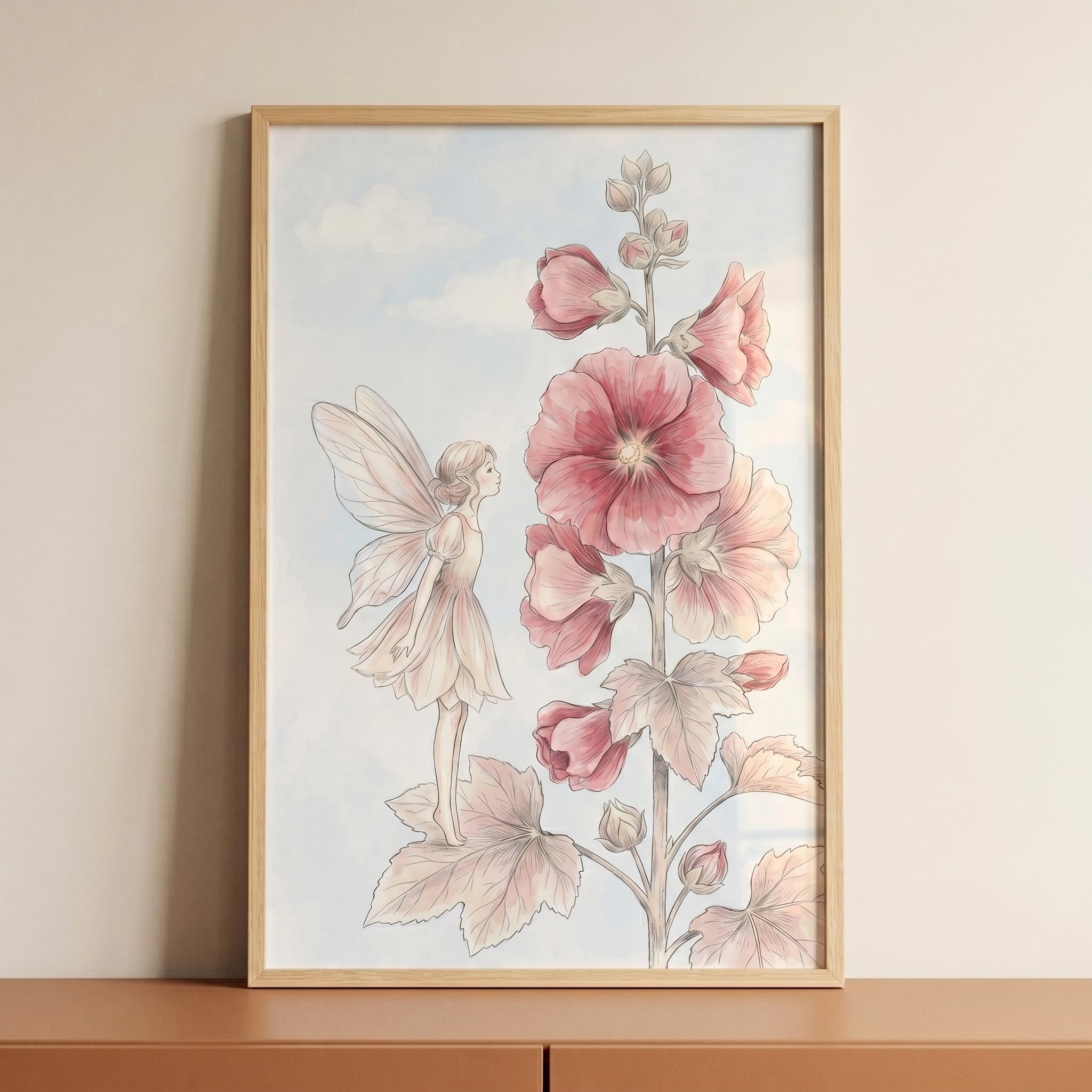 Pink Hollyhock Garden Fairy Wall Art - Pastel Blossom Fairy