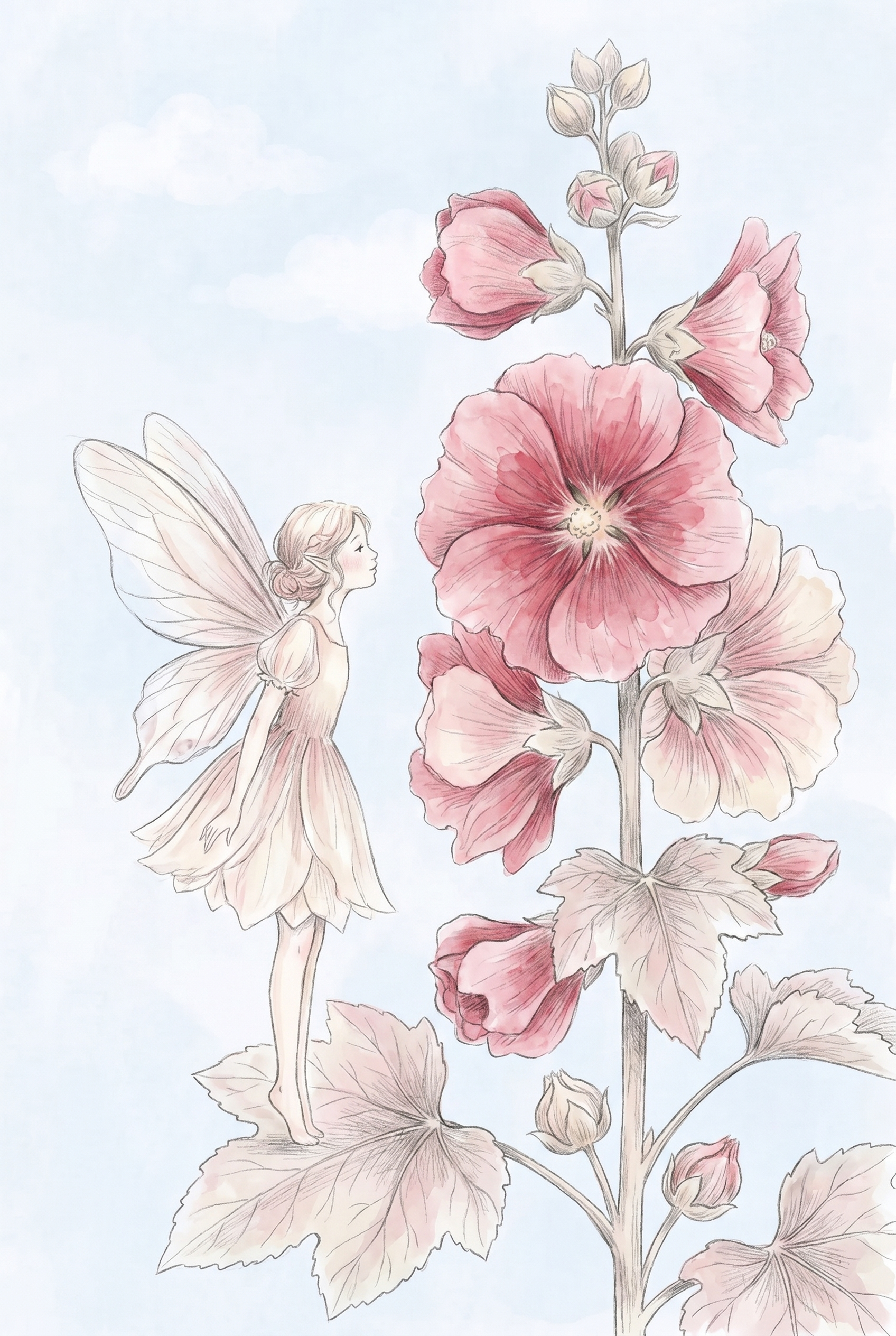 Pink Hollyhock Garden Fairy Wall Art - Pastel Blossom Fairy