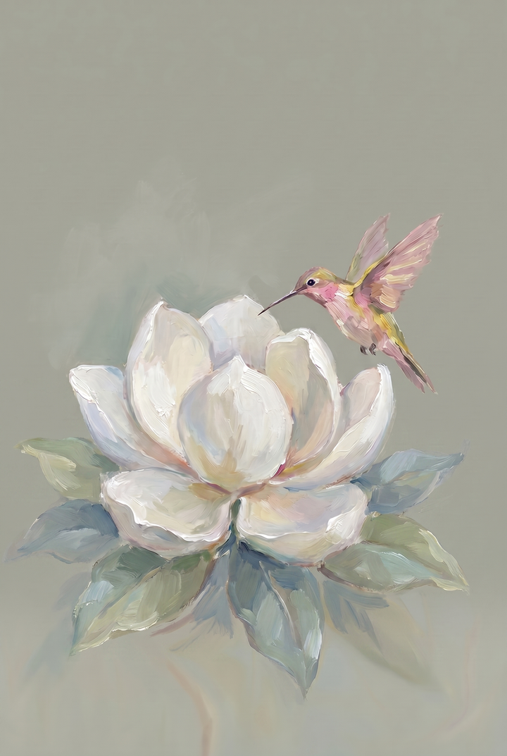 Pink hovering hummingbird floral wall art with a blooming white flower and soft leaves on a muted gray background.