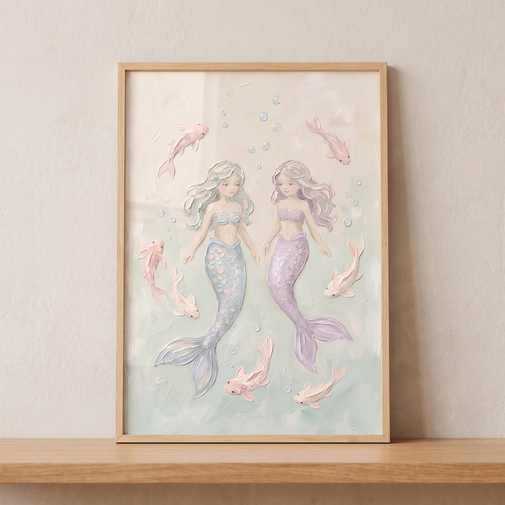 Pink Koi Fish Mermaid Wall Art - Serene Ocean Sisters