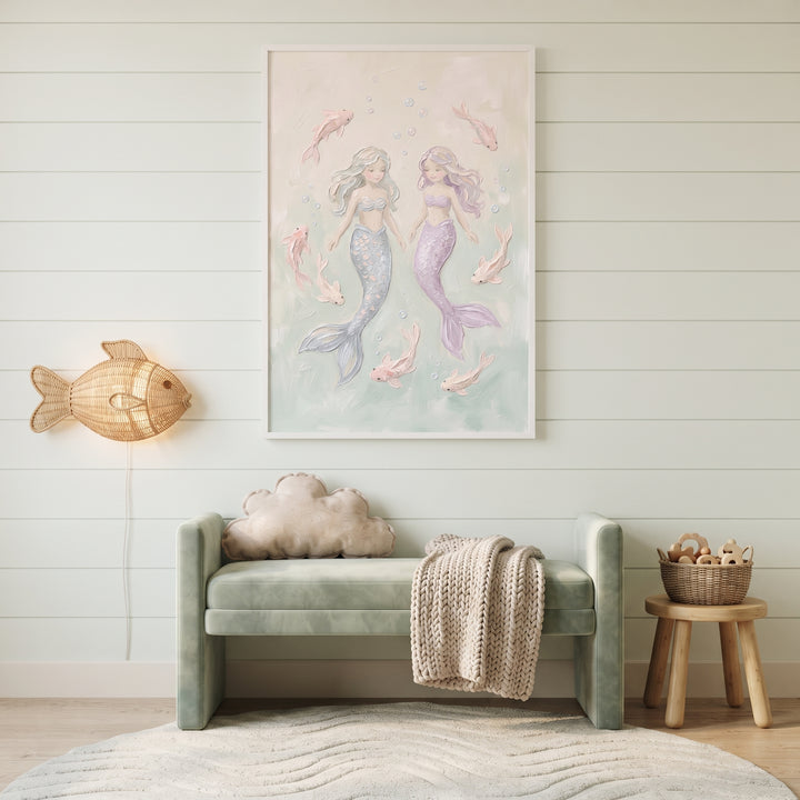 Framed pink koi fish mermaid wall art above a mint velvet bench, cloud pillow, fish wall lamp, and textured rug.