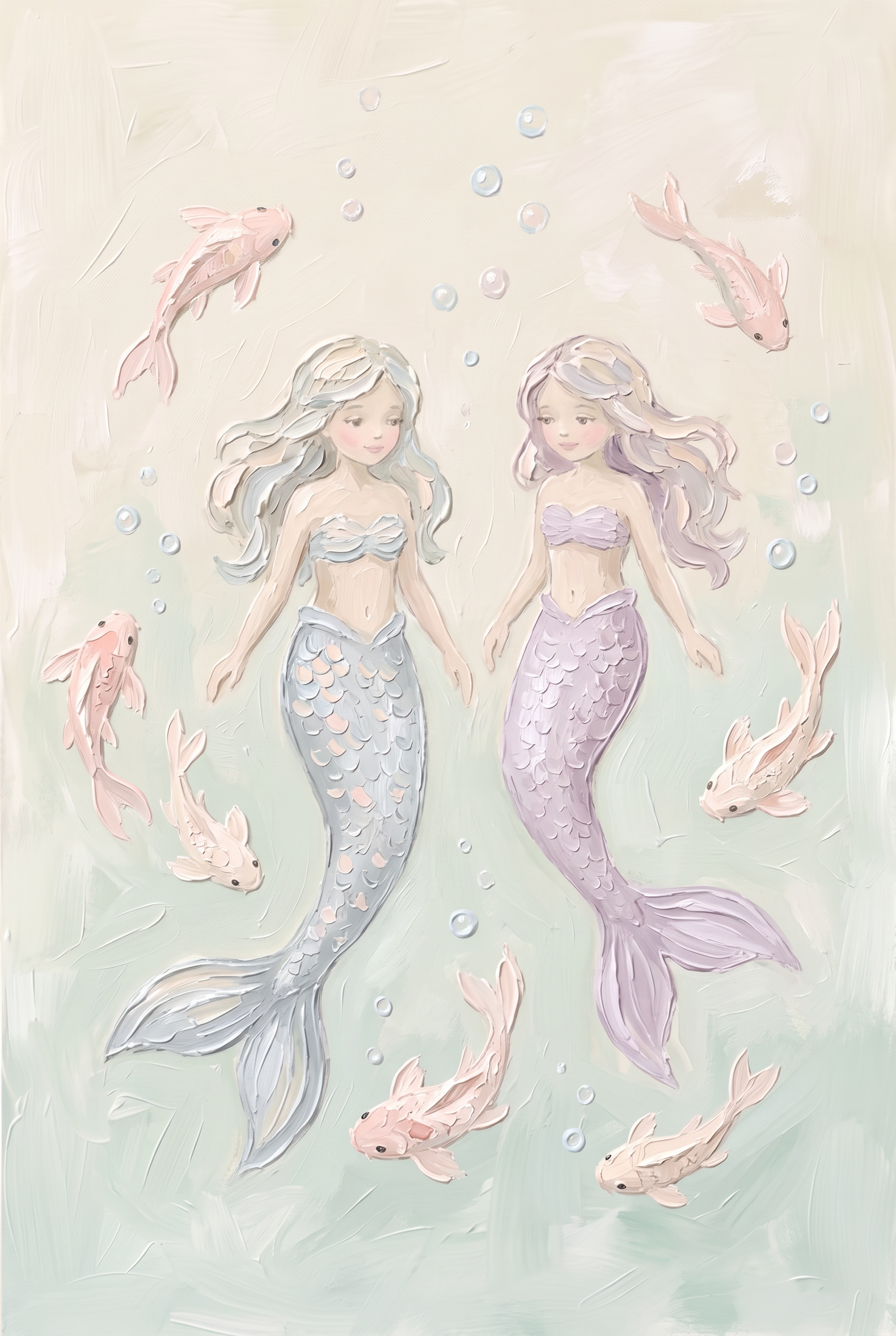 Pink Koi Fish Mermaid Wall Art - Serene Ocean Sisters