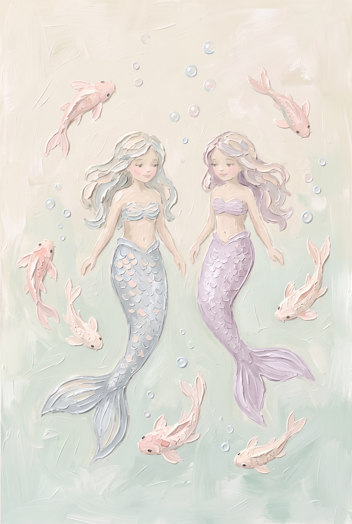 Two mermaids swim among bubbles and pink koi fish mermaid wall art in a soft, textured pastel scene.
