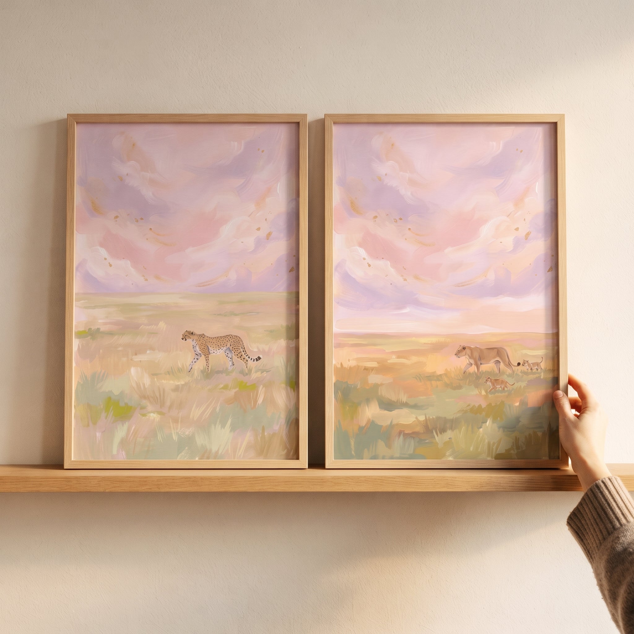 Pink Lavender Safari Cat Wall Art Set of 2 - Savanna Sunset Glow