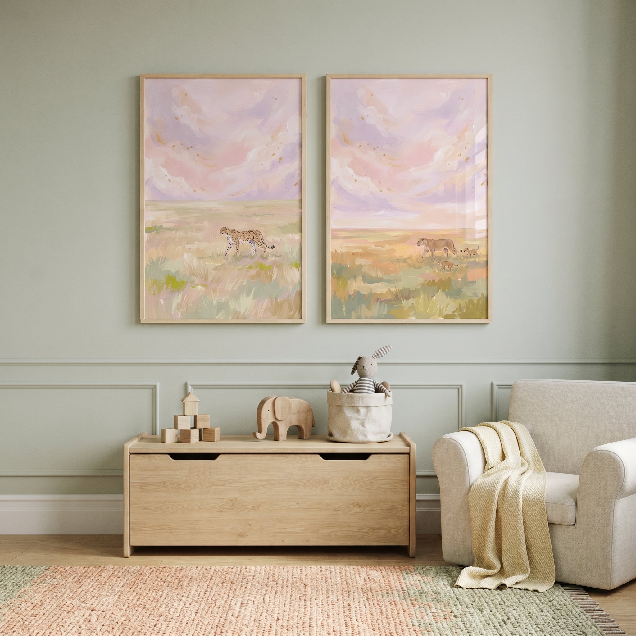 Pink Lavender Safari Cat Wall Art Set of 2 - Savanna Sunset Glow