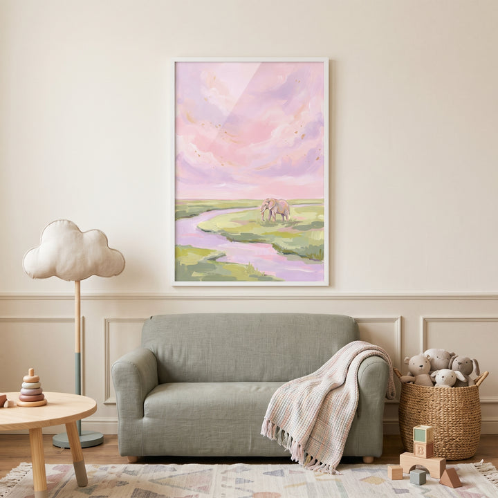 Pink lavender sky elephant animal wall art hangs above a green sofa in a neutral nursery with a cloud lamp and toys.