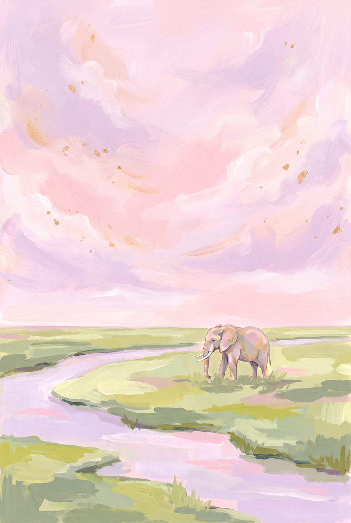 Pink lavender sky elephant animal wall art with an elephant by a winding river in a field with golden cloud flecks.