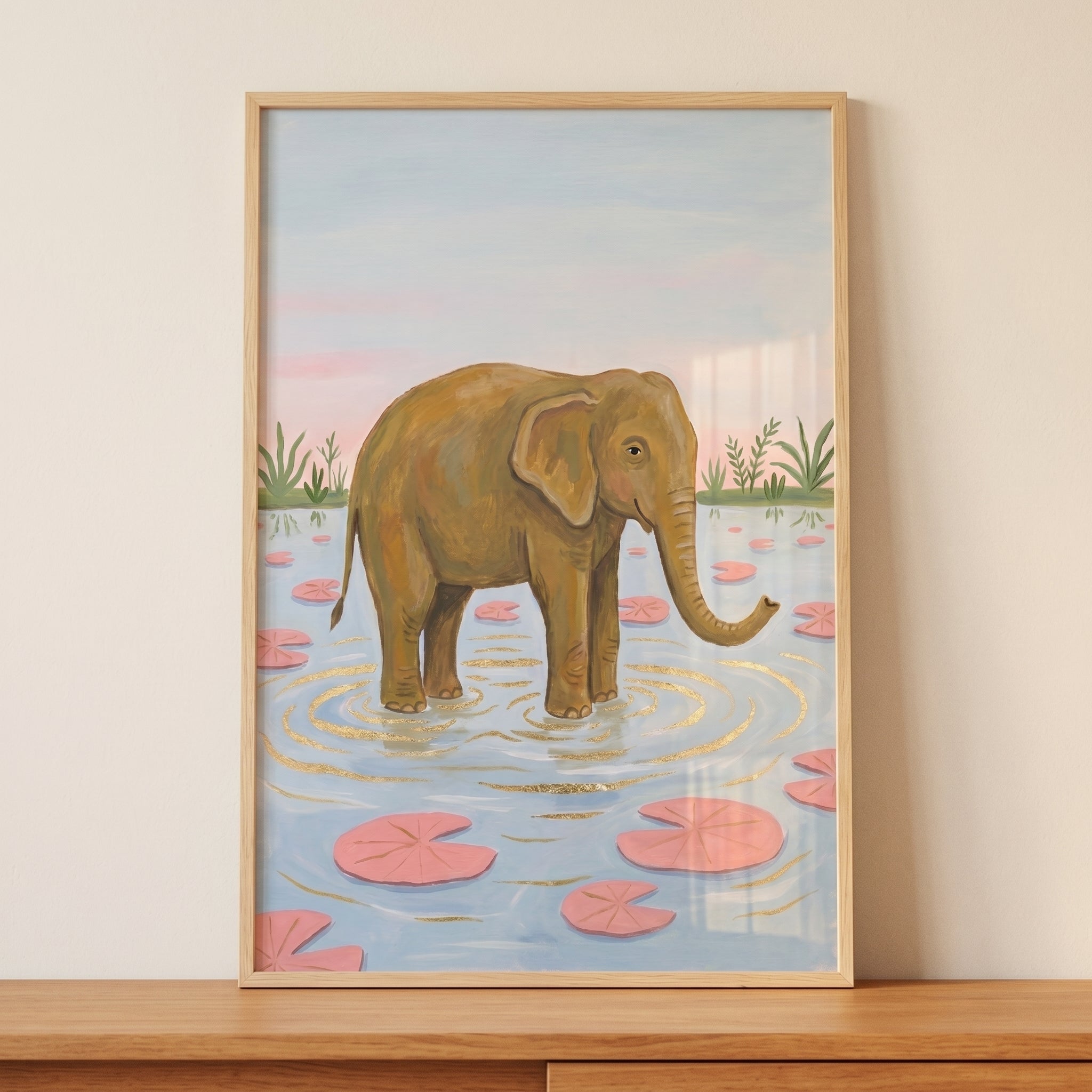 Pink Lily Pad Elephant Wall Art - Golden Ripple Elephant
