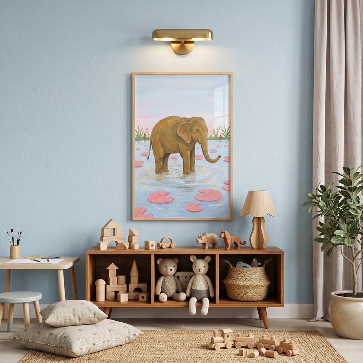 Pink lily pad elephant wall art hangs above a wooden shelf of toys in a blue room with floor pillows and a jute rug.