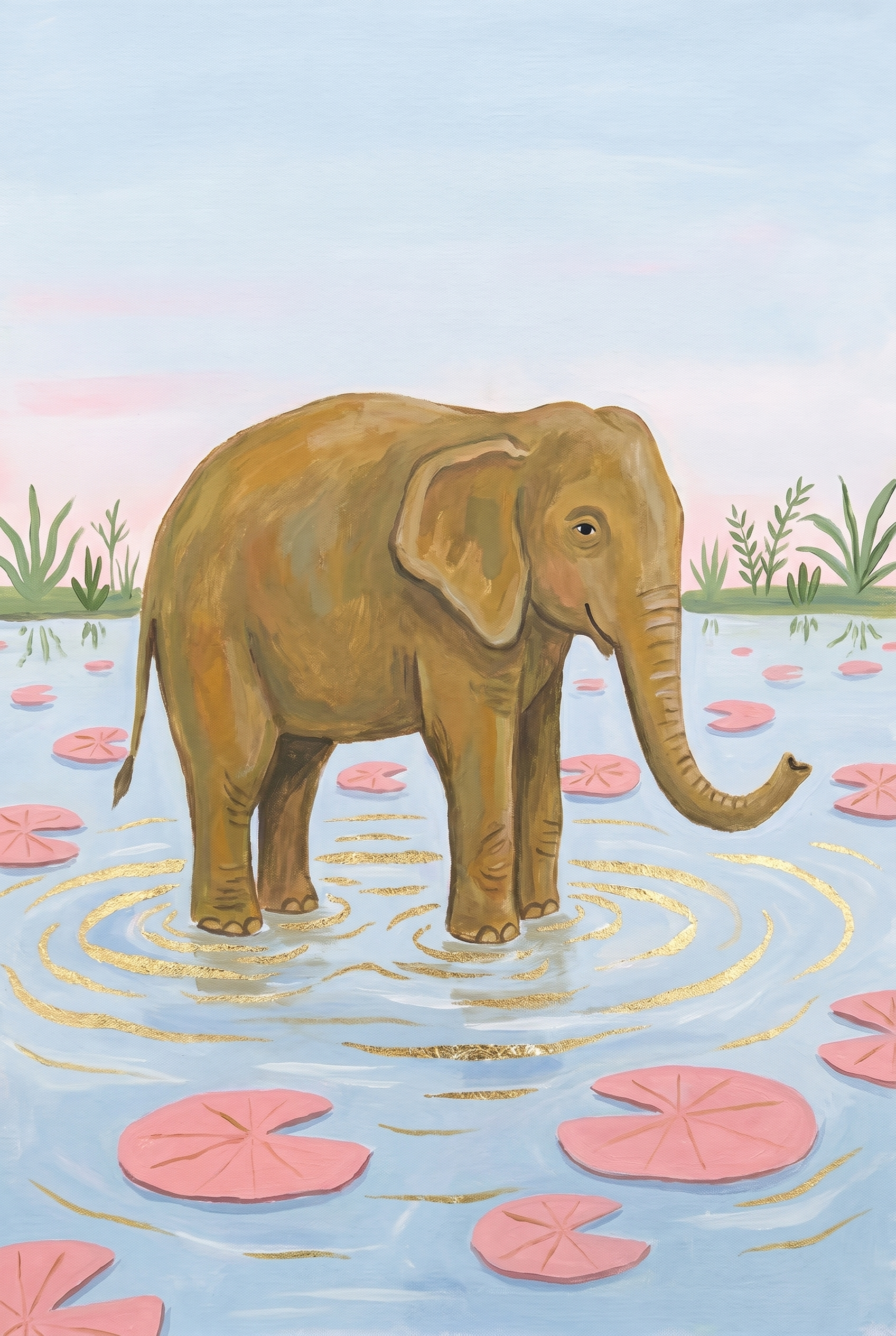 Pink Lily Pad Elephant Wall Art - Golden Ripple Elephant