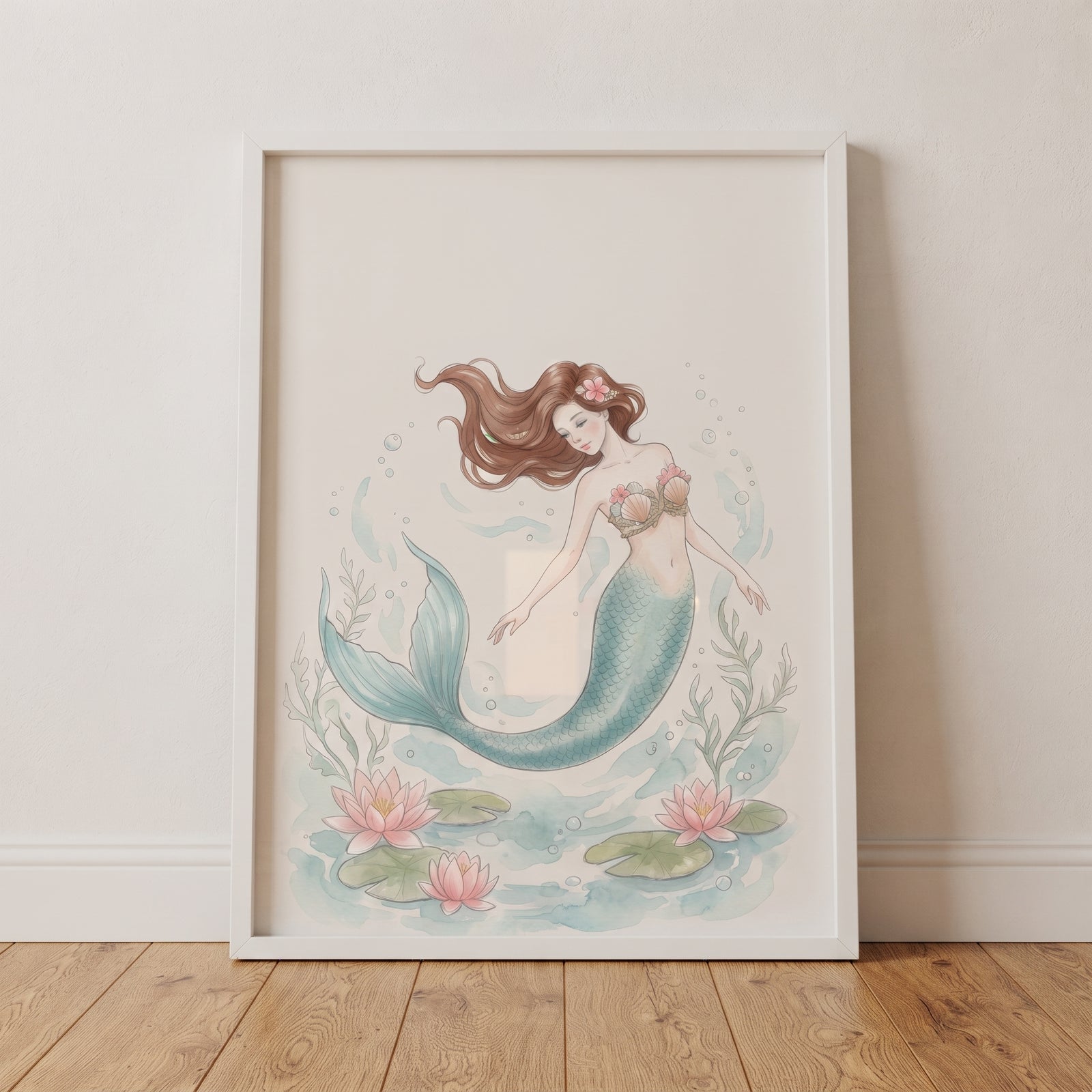 Framed pink lotus mermaid wall art features a mermaid with a teal tail swimming above flowers and lily pads.