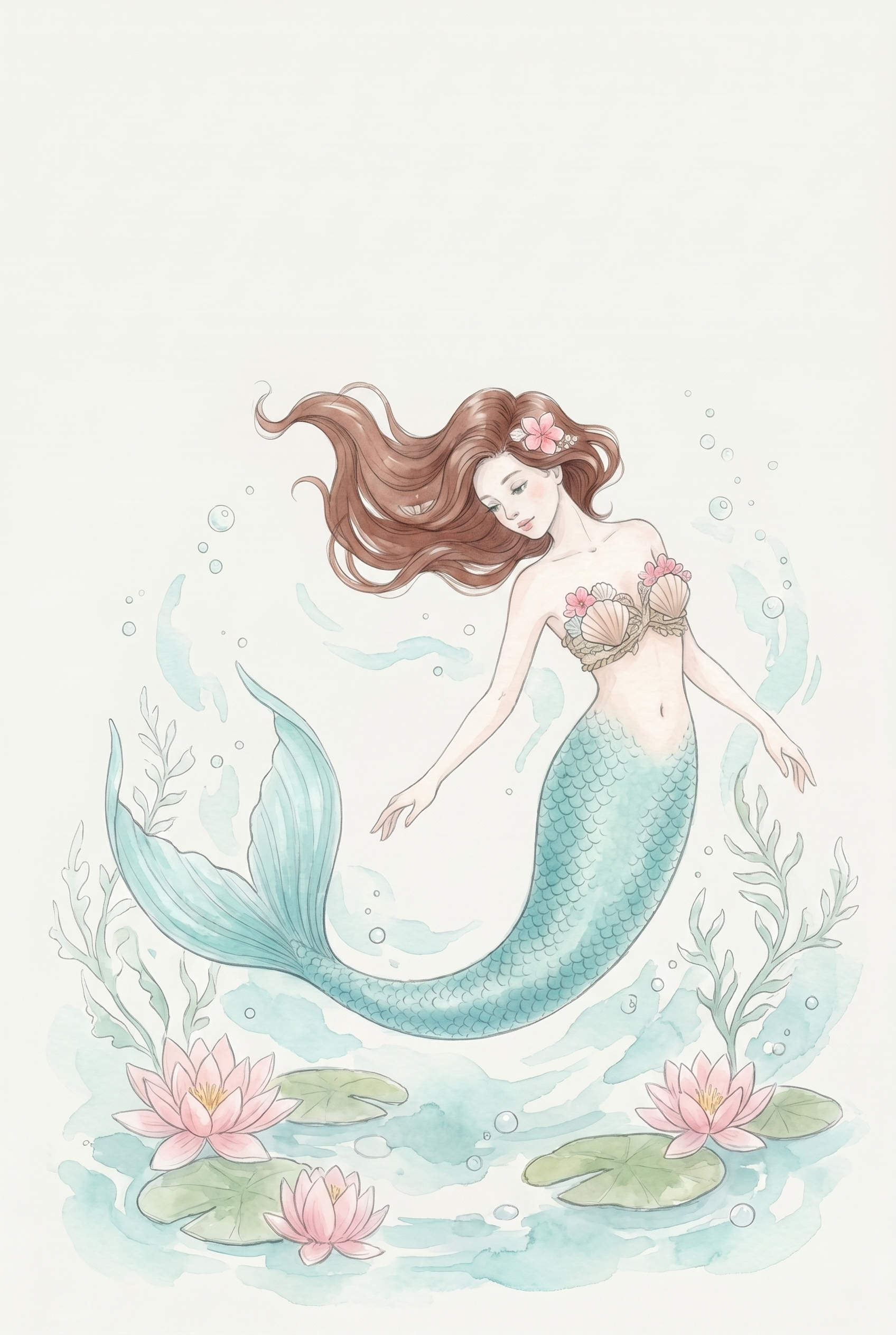 Pink Lotus Mermaid Wall Art - Serene Ocean Maiden