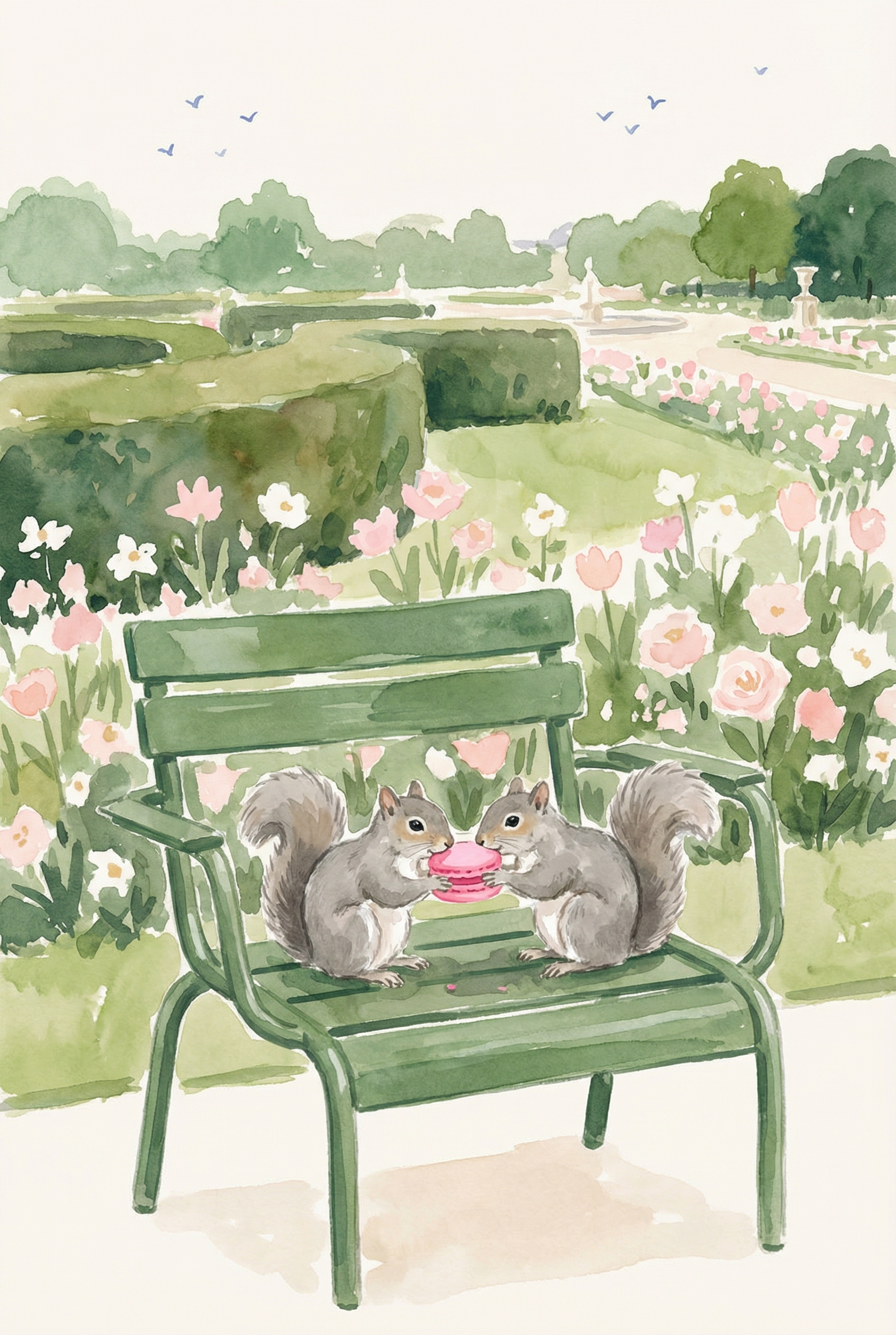 Pink Macaron Eating Squirrels Wall Art - Squirrel Garden Picnic