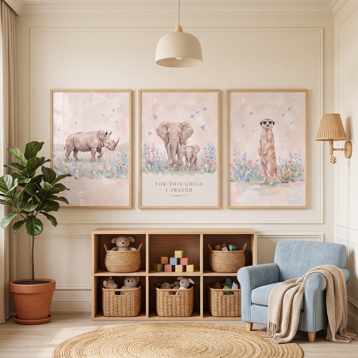 Pink Meadow Savanna Animals Wall Art Set of 3 - Savanna Grace Trio
