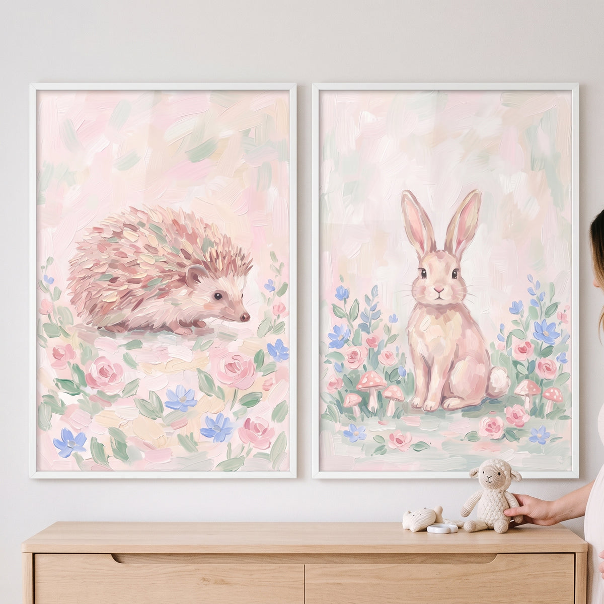 Pink Meadow Woodland Animals Wall Art Set of 2 - Soft Garden Critters