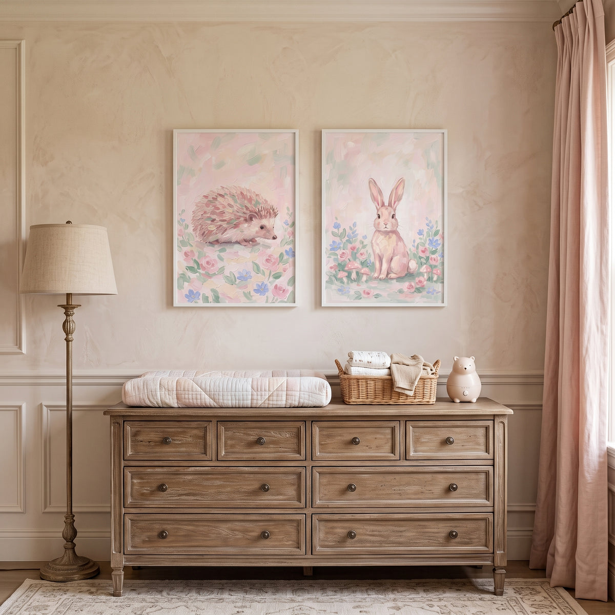 Pink Meadow Woodland Animals Wall Art Set of 2 - Soft Garden Critters