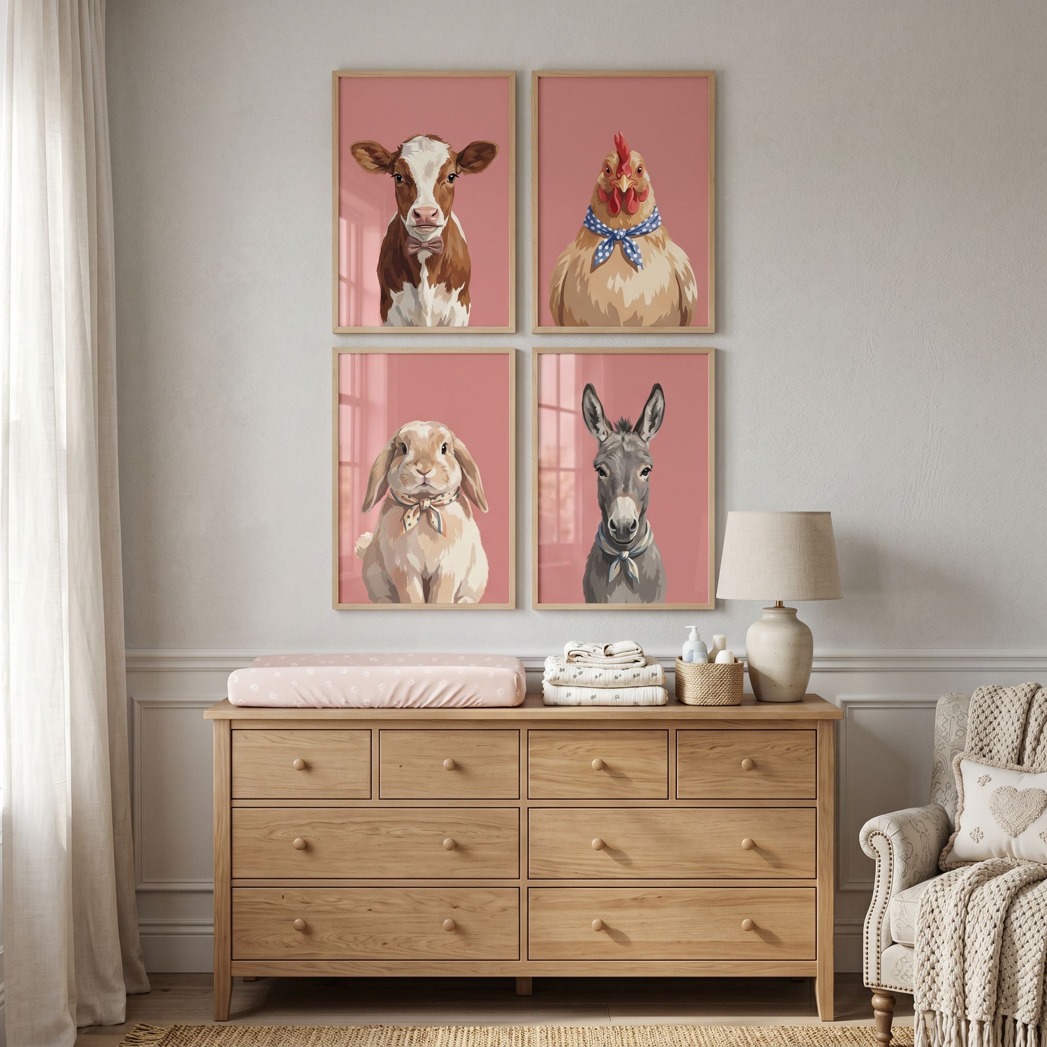 Pink Necktie Farm Animal Wall Art Set of 4 - Dapper Farm Friends