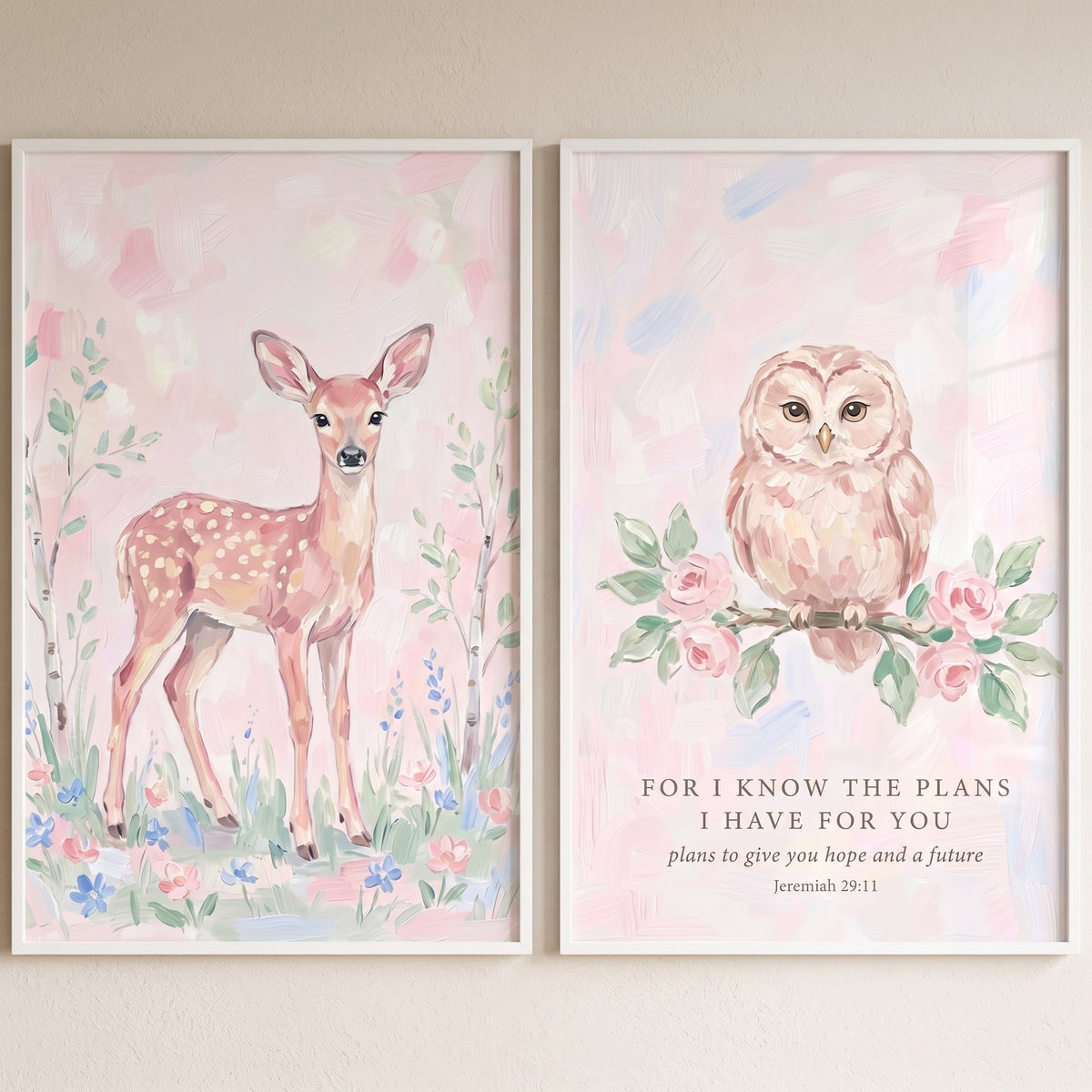 Pink Painterly Woodland Animals Wall Art Set of 2 - Pastel Woodland Faith
