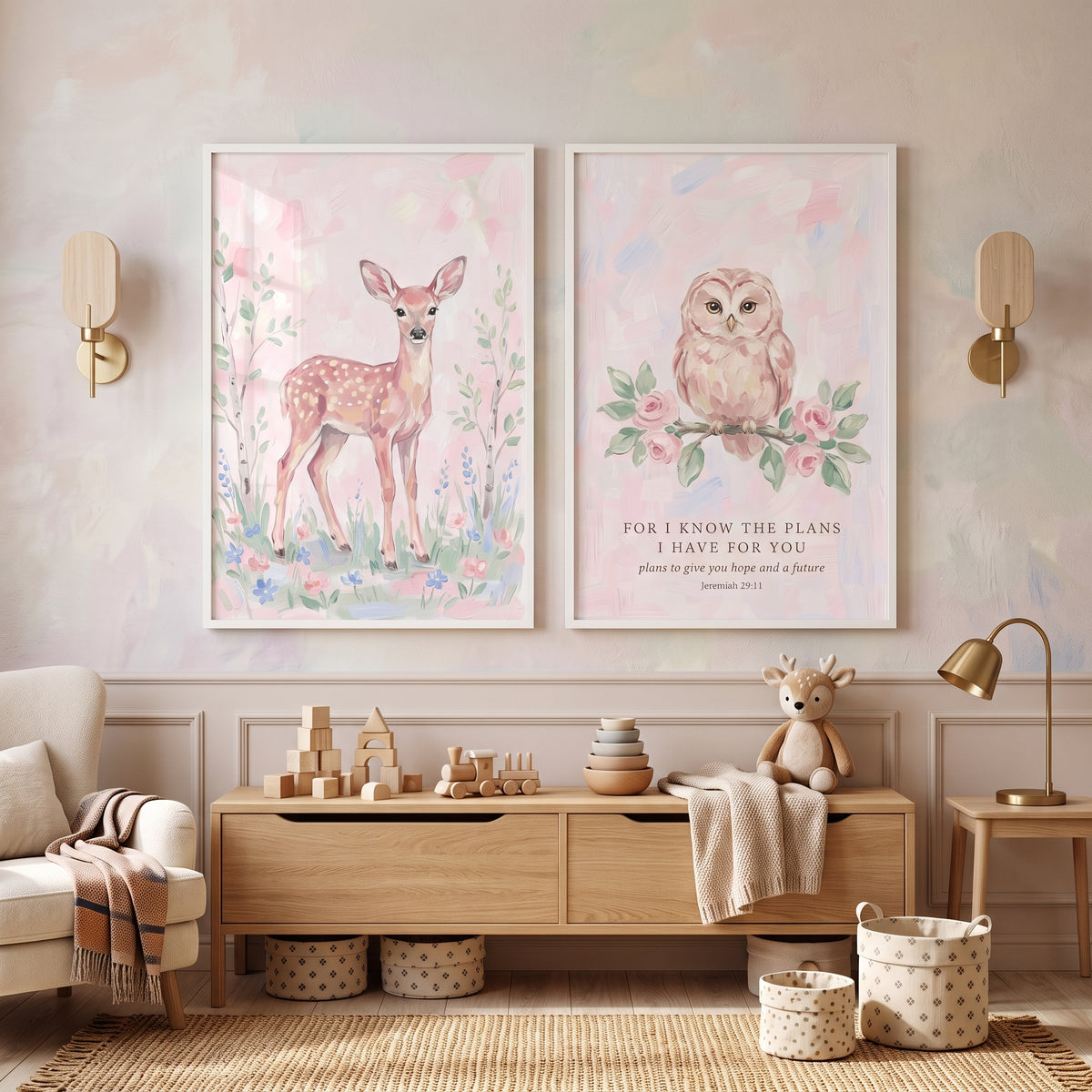 Pink Painterly Woodland Animals Wall Art Set of 2 - Pastel Woodland Faith