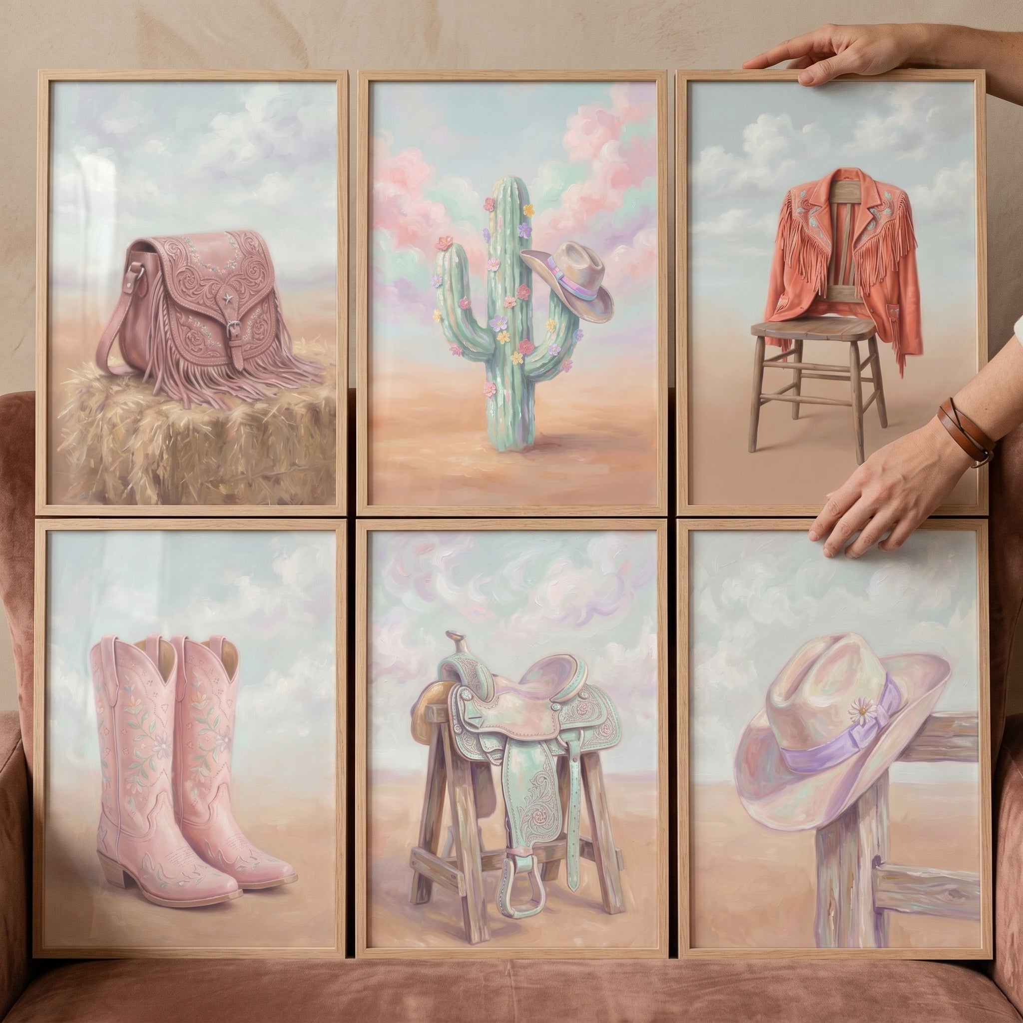 Pink Pastel Cowgirl Wall Art Set of 6 - Pastel Desert Dreams