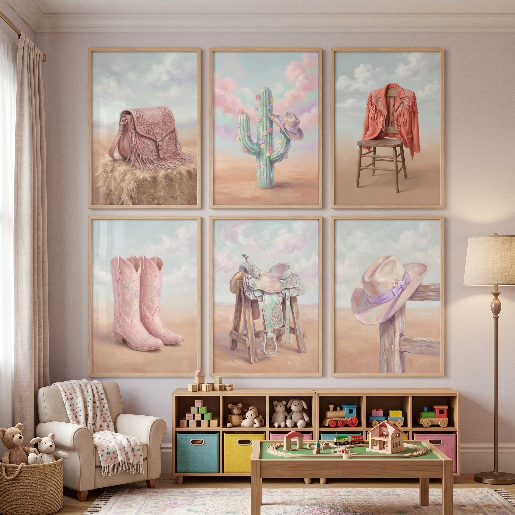 Pink Pastel Cowgirl Wall Art Set of 6 - Pastel Desert Dreams