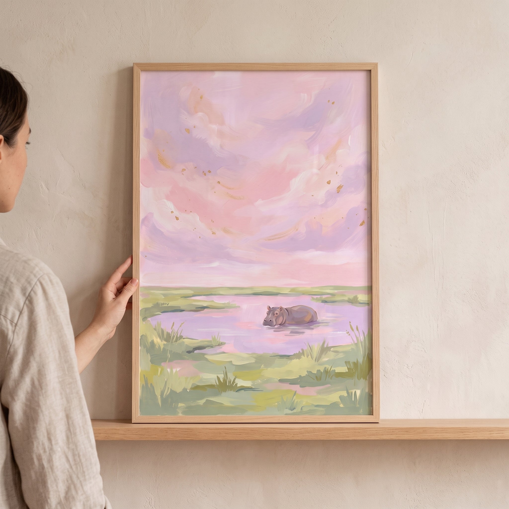 Pink Pastel Sky Hippo Animal Wall Art - Pastel Hippo Oasis