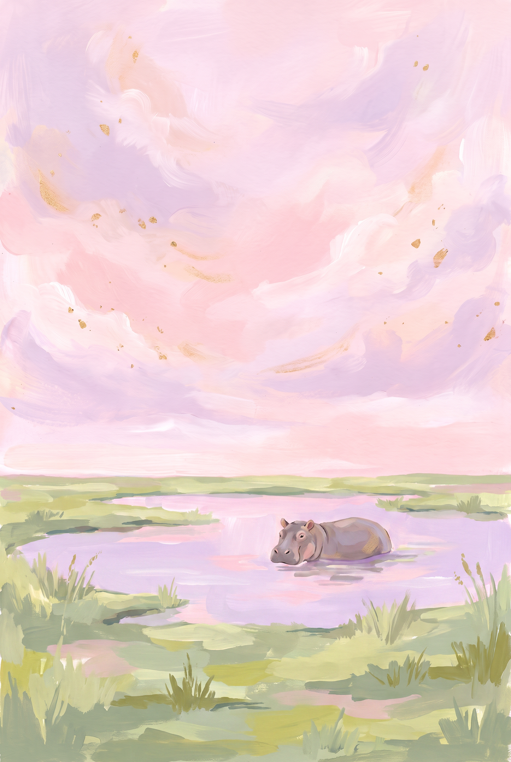 Pink Pastel Sky Hippo Animal Wall Art - Pastel Hippo Oasis