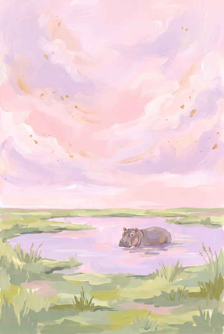 A hippo rests in a purple pond on a grassy plain under a pink pastel sky hippo animal wall art.