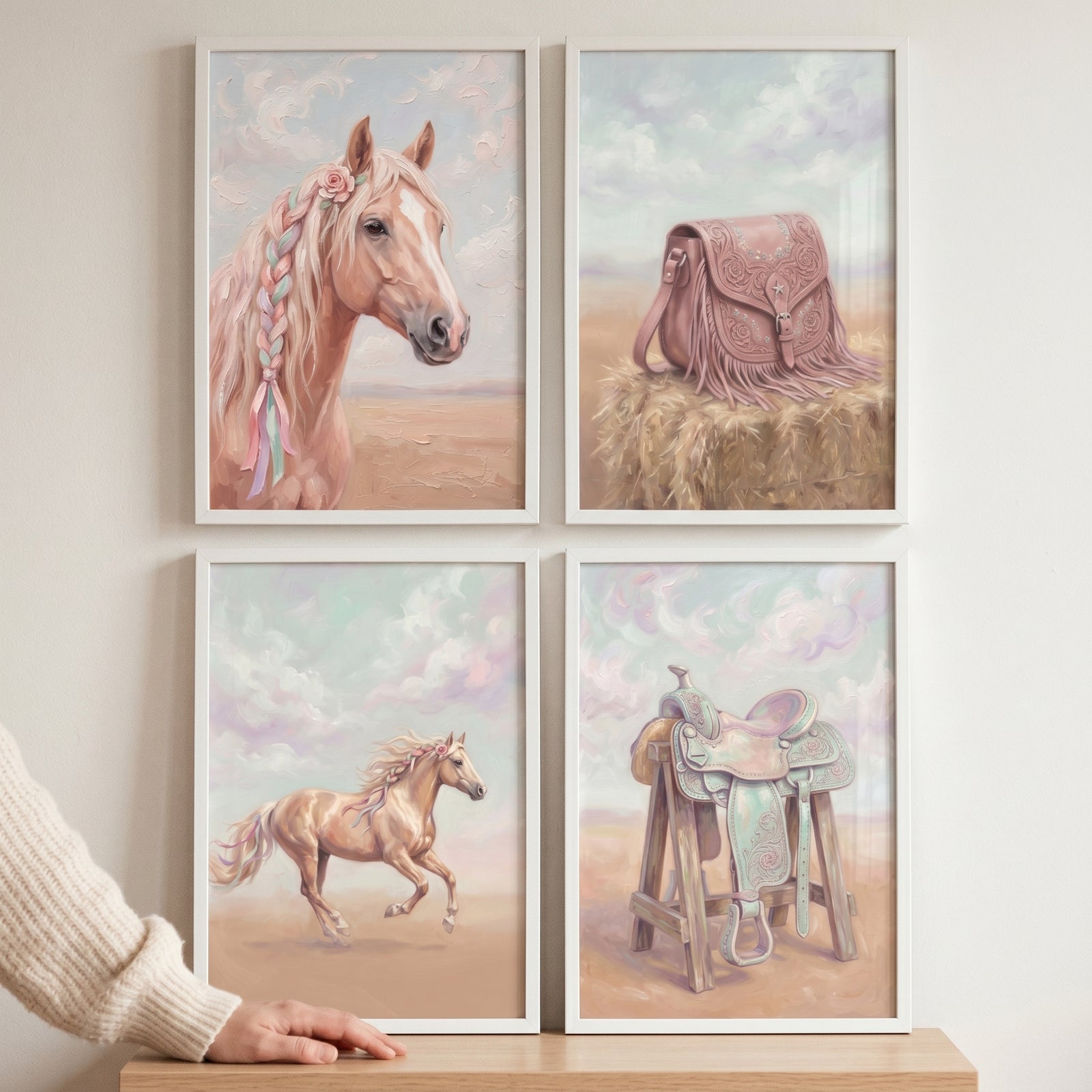 Pink pastel western horse wall art set of 4 featuring a horse portrait, galloping horse, fringed bag, and western saddle.