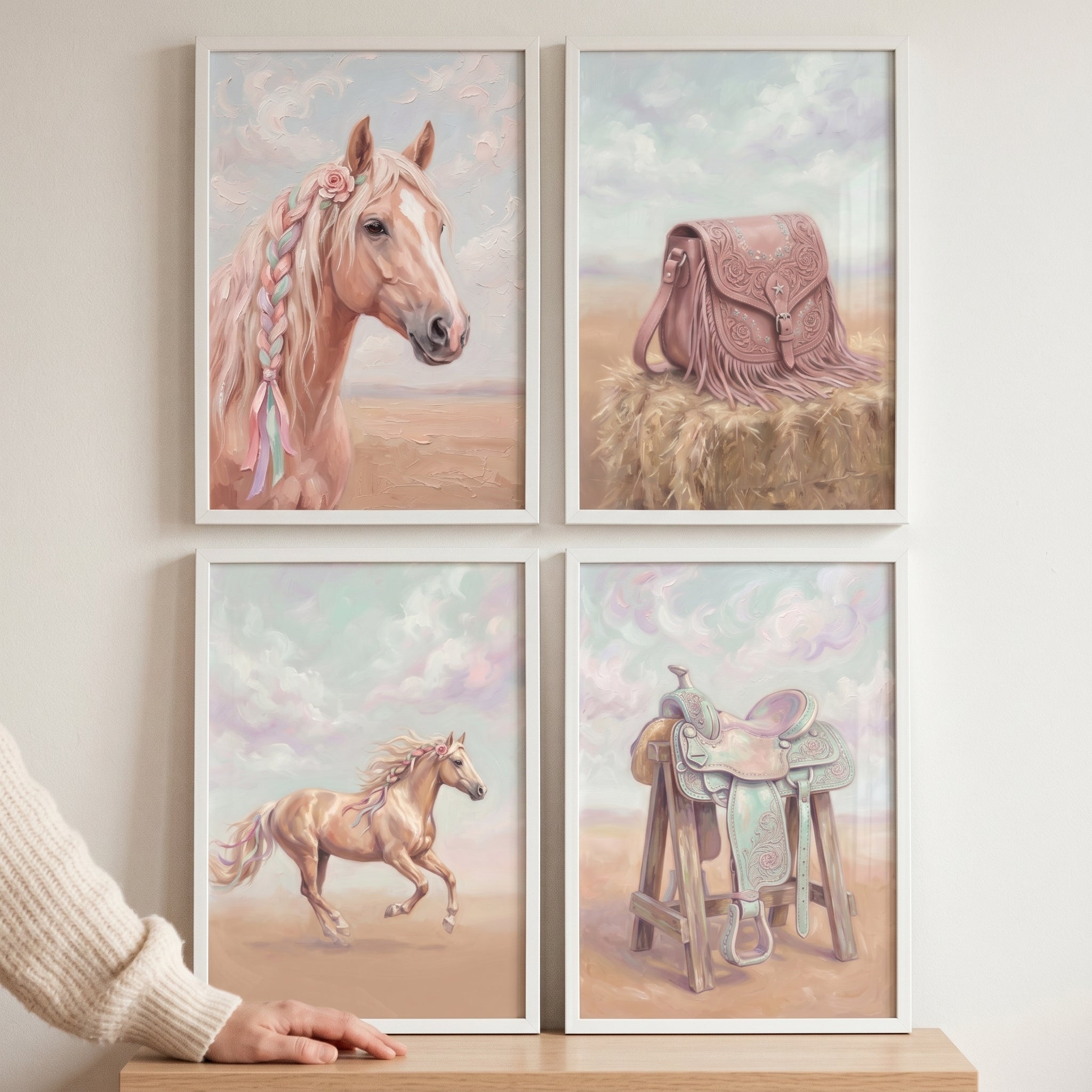 Pink Pastel Western Horse Wall Art Set of 4 - Boho Equine Dreams