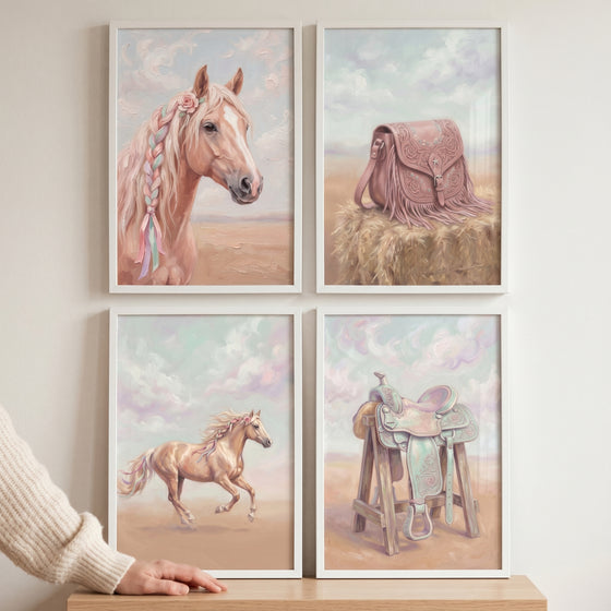 Pink pastel western horse wall art set of 4 featuring a horse portrait, galloping horse, fringed bag, and western saddle.