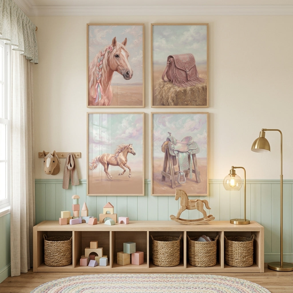 Pink Pastel Western Horse Wall Art Set of 4 - Boho Equine Dreams