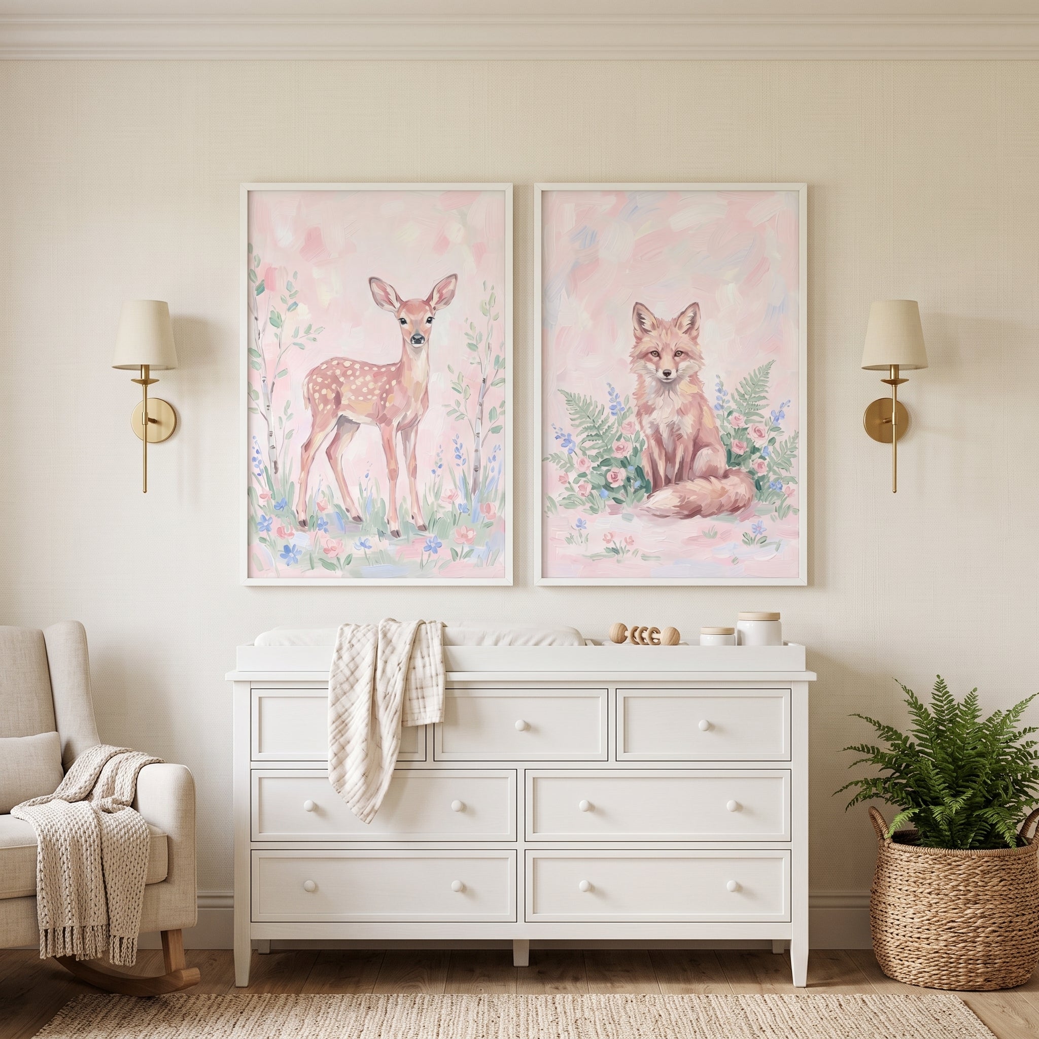 Pink Pastel Woodland Animals Wall Art Set of 2 - Pastel Woodland Duo