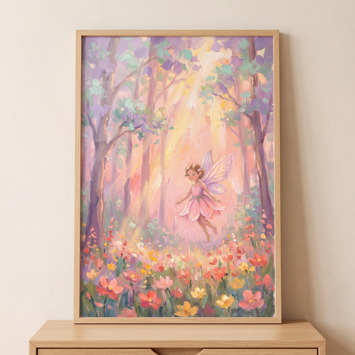 A winged fairy in this pink petal dress fairy wall art floats above a colorful flower field in a sunlit pastel forest.
