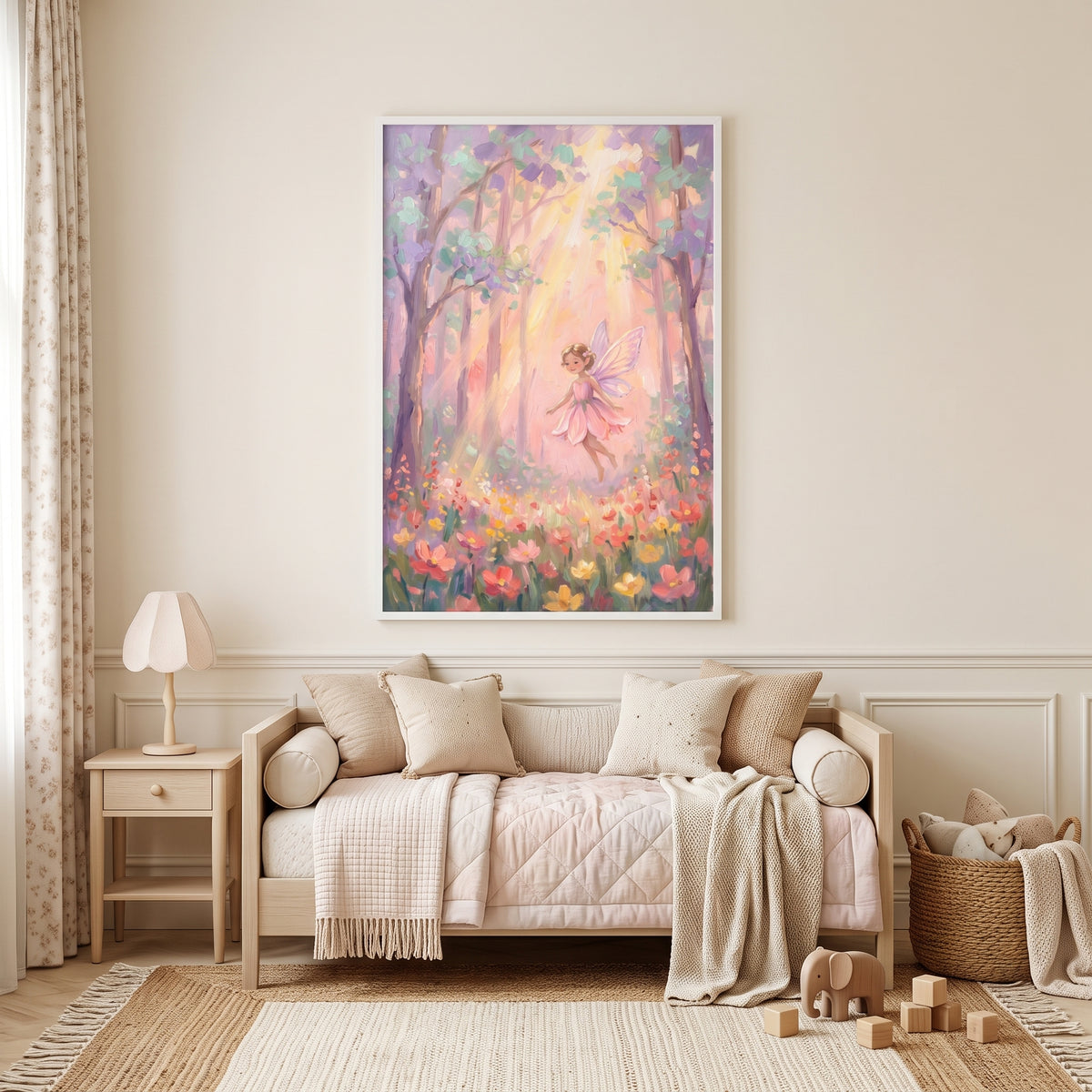 Pink Petal Dress Fairy Wall Art - Sunlit Forest Sprite