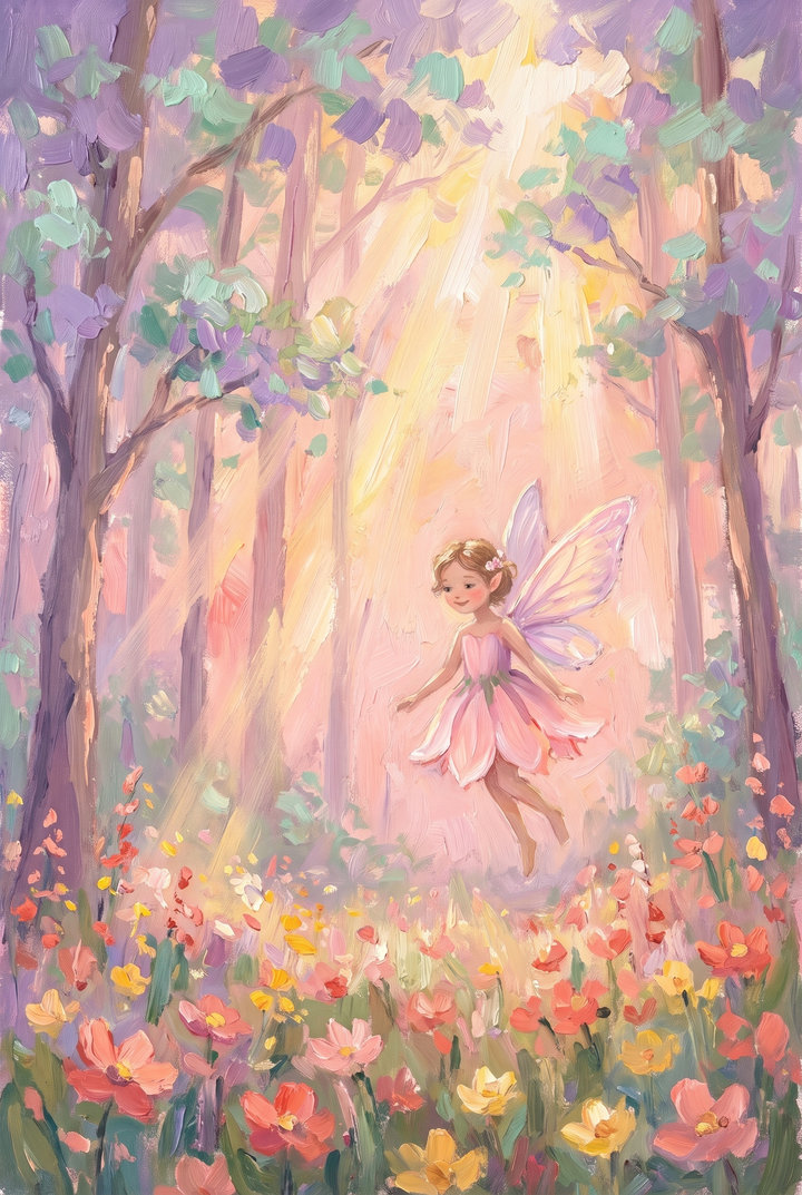 Pink petal dress fairy wall art depicts a winged sprite flying through a sunlit forest over a vibrant field of flowers.