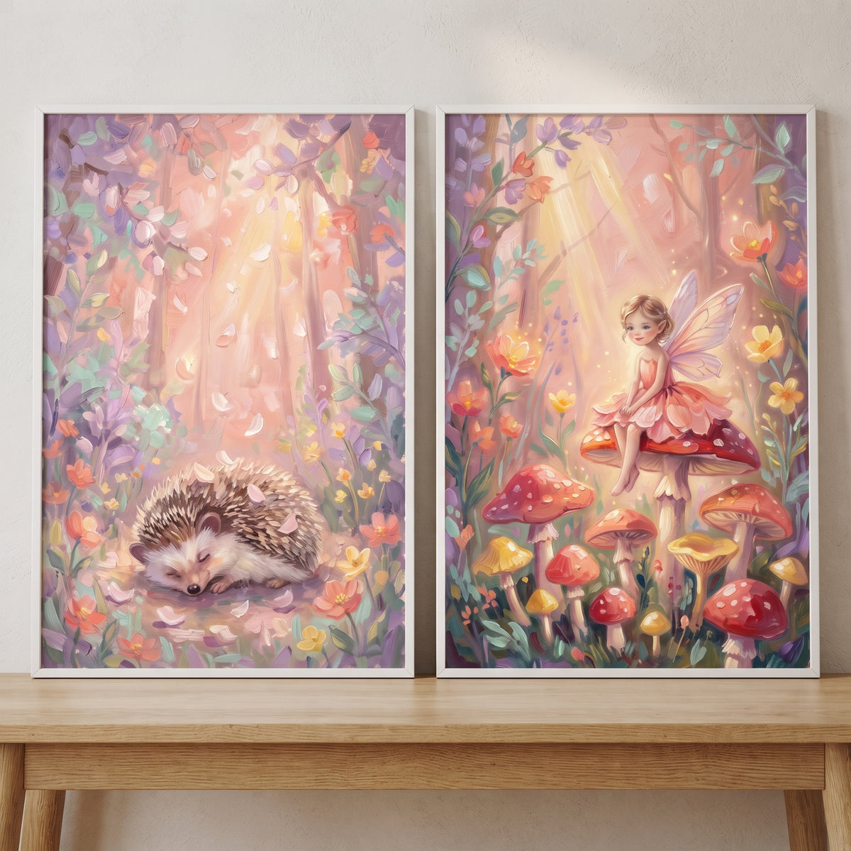 Pink Petal Enchanted Woodland Forest Wall Art Set of 2 - Whimsical Forest Magic