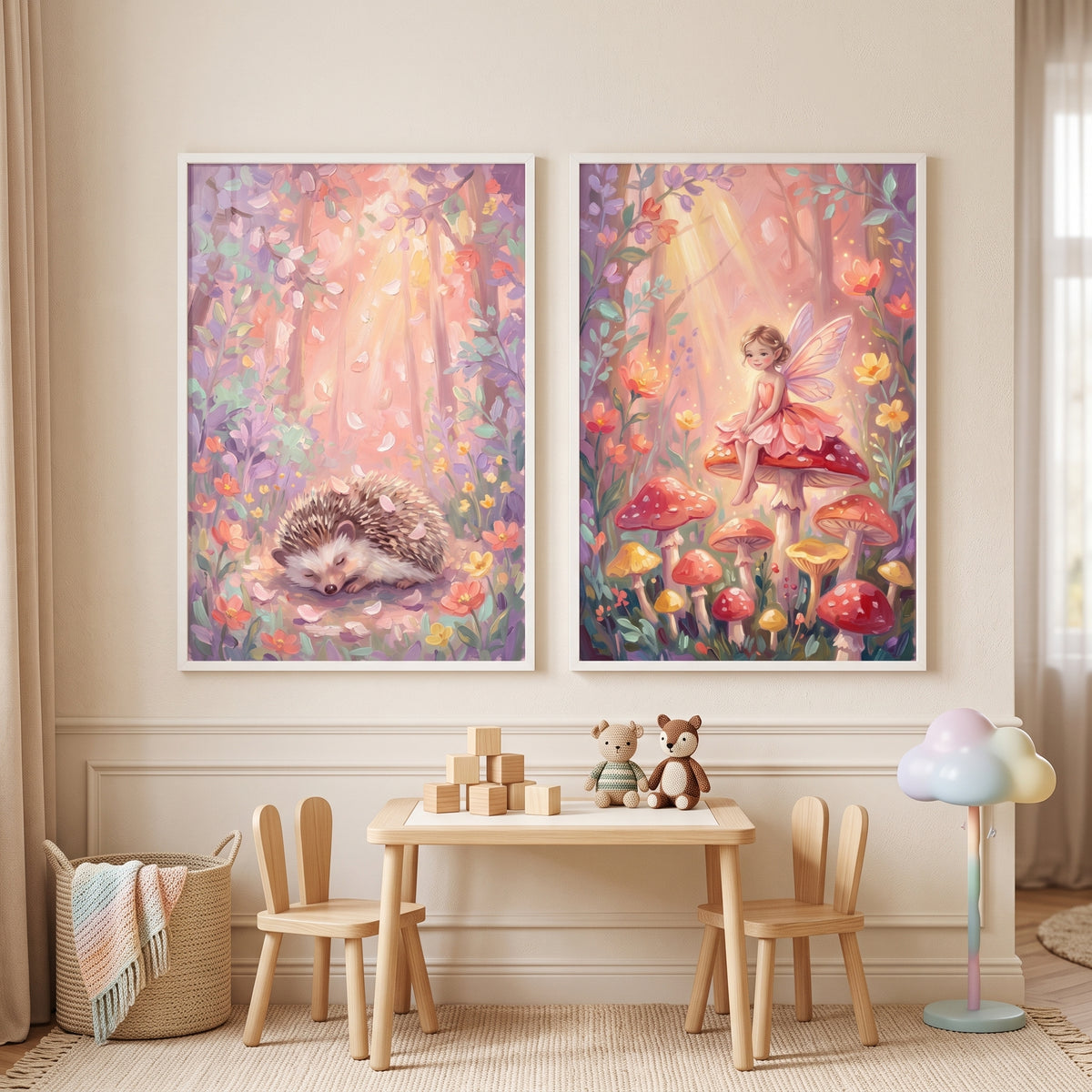 Pink Petal Enchanted Woodland Forest Wall Art Set of 2 - Whimsical Forest Magic