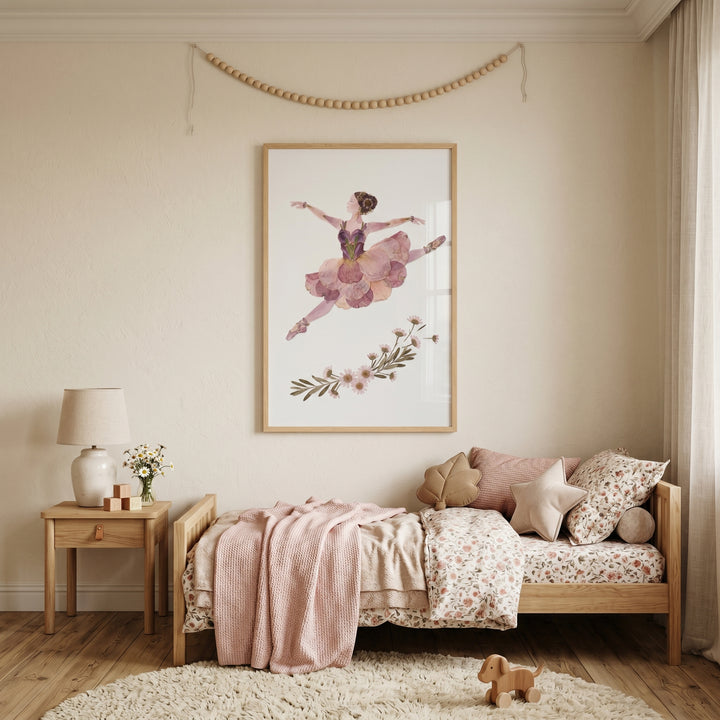 Pink petal jumping ballerina wall art hangs above a wooden bed with floral bedding in a soft, neutral-toned bedroom.