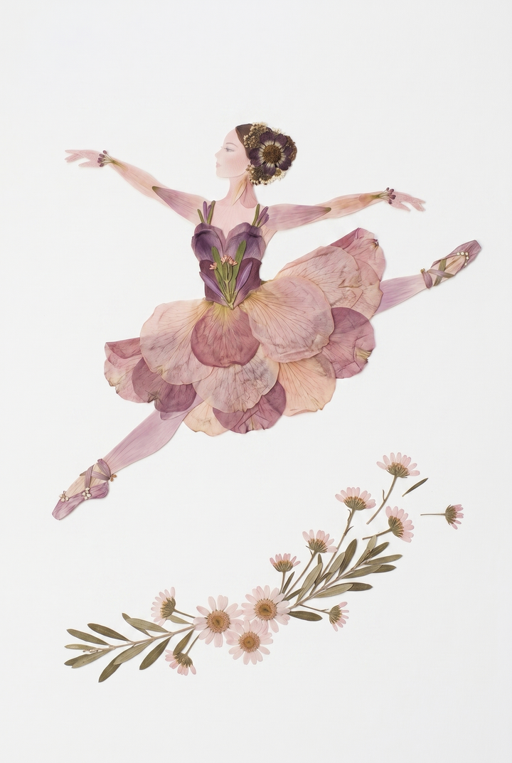 Pink petal jumping ballerina wall art made from pressed flowers and botanical elements on a white background.