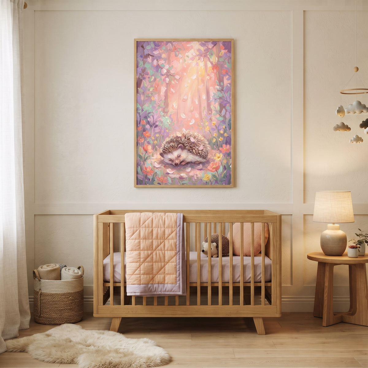 Pink Petal Sleeping Hedgehog Woodland Wall Art - Soft Petal Slumber