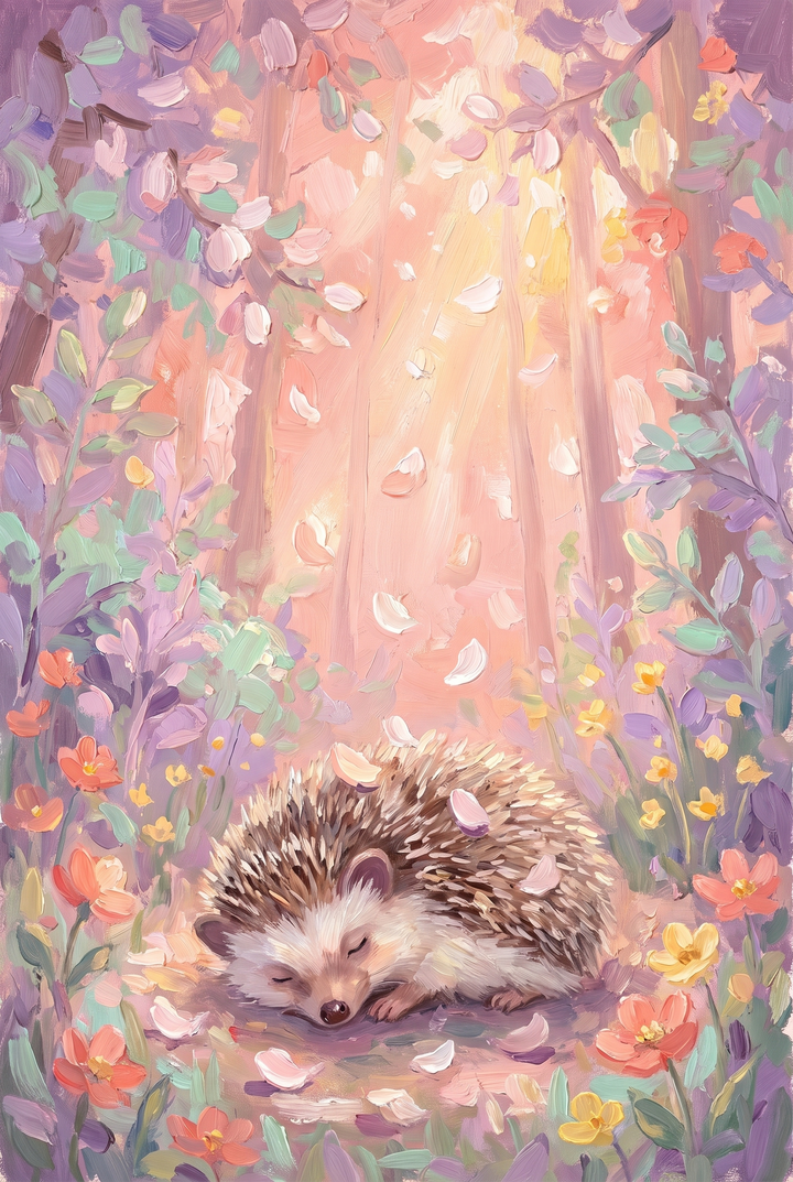 Pink petal sleeping hedgehog woodland wall art with soft textures, falling petals, and colorful wildflowers.