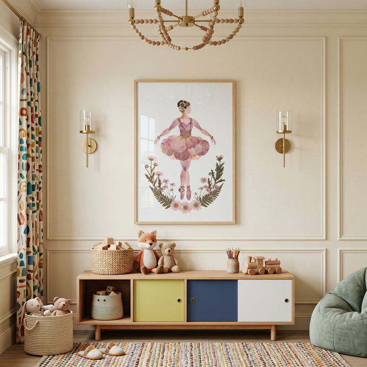 Pink petal tutu ballerina wall art hangs above a wooden toy shelf in a neutral room with a colorful striped rug.