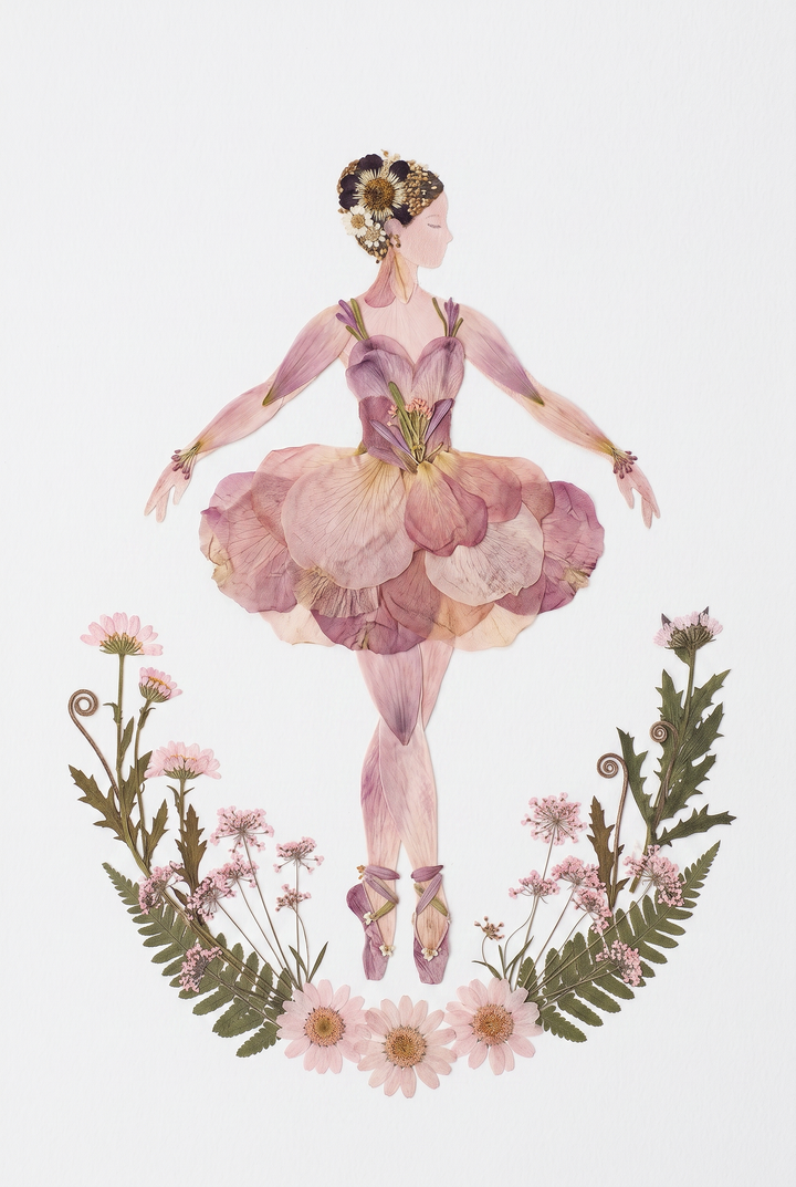 Pressed flower ballerina featuring a pink petal tutu ballerina wall art design with green ferns and floral accents.