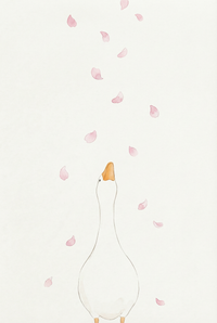 Minimal watercolor illustration of a white duck looking upward as soft pink flower petals fall around it against a light background. The simple composition highlights a calm and airy spring atmosphere.

