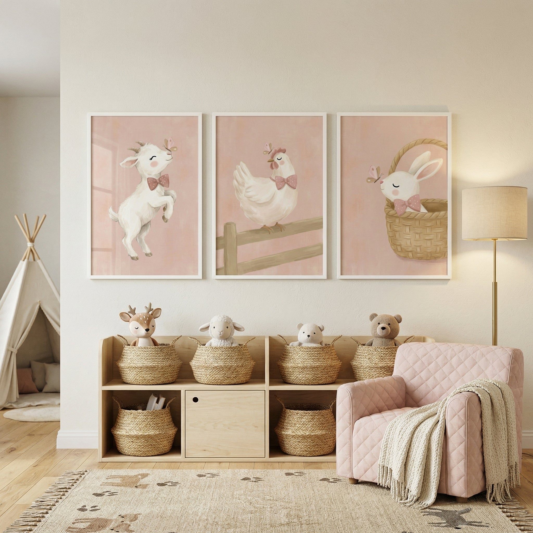 Pink Polka Dot Animal Wall Art Set of 3 - Blushing Farm Friends