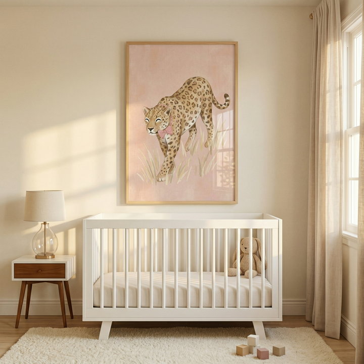 A sunlit, minimalist nursery features a large framed artwork centered above a white wooden crib. The illustration shows a smiling, spotted feline adorned with a small pink bow, strolling through tall grass on a soft peach-colored backdrop. To the left of the crib, a modern nightstand with a dark-toned drawer holds a glass lamp with a simple shade. Inside the crib, a soft plush rabbit sits on a white mattress. 