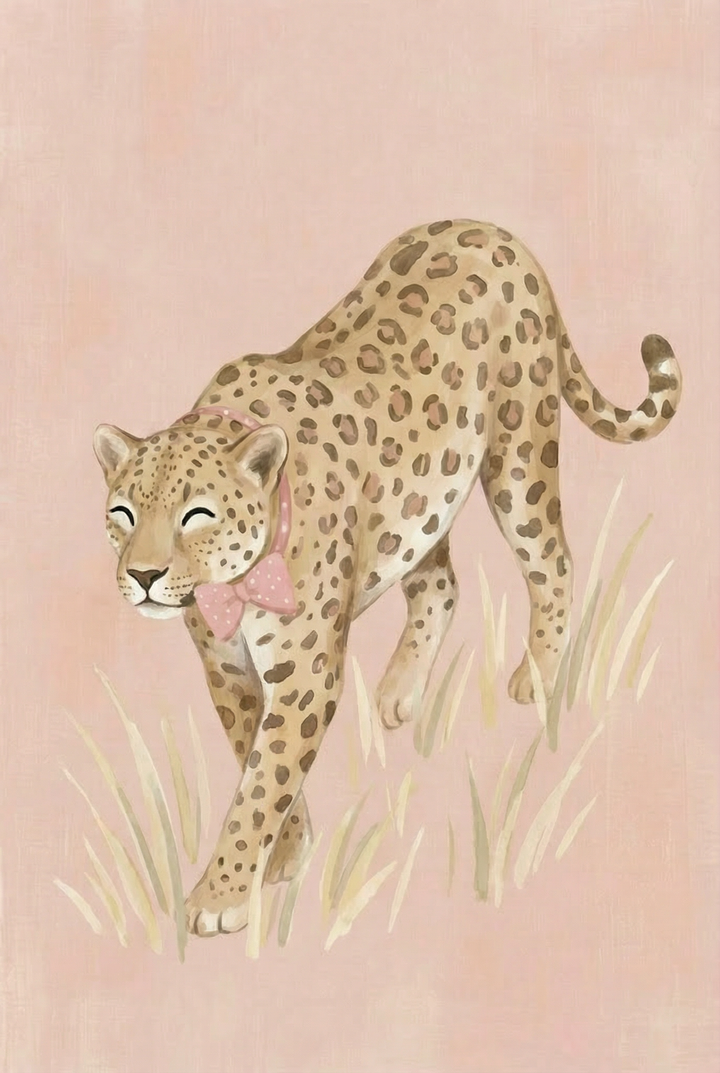  Spotted leopard walking through light grass with eyes closed and a pink bow tie around its neck, set against a muted pink background. The relaxed stride and soft colors give the scene a peaceful and elegant tone.
