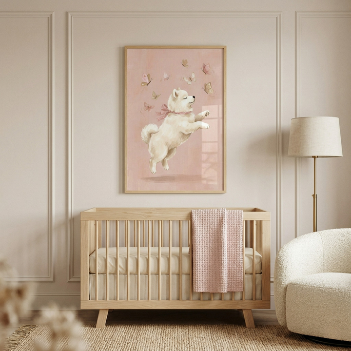 A centered, eye-level shot of a modern, serene nursery. On a warm, off-white wall decorated with elegant picture frame molding, a simple light wood-framed illustration is hung. The whimsical digital illustration features a fluffy, white puppy jumping playfully toward a group of delicate butterflies against a soft, muted pink backdrop. 