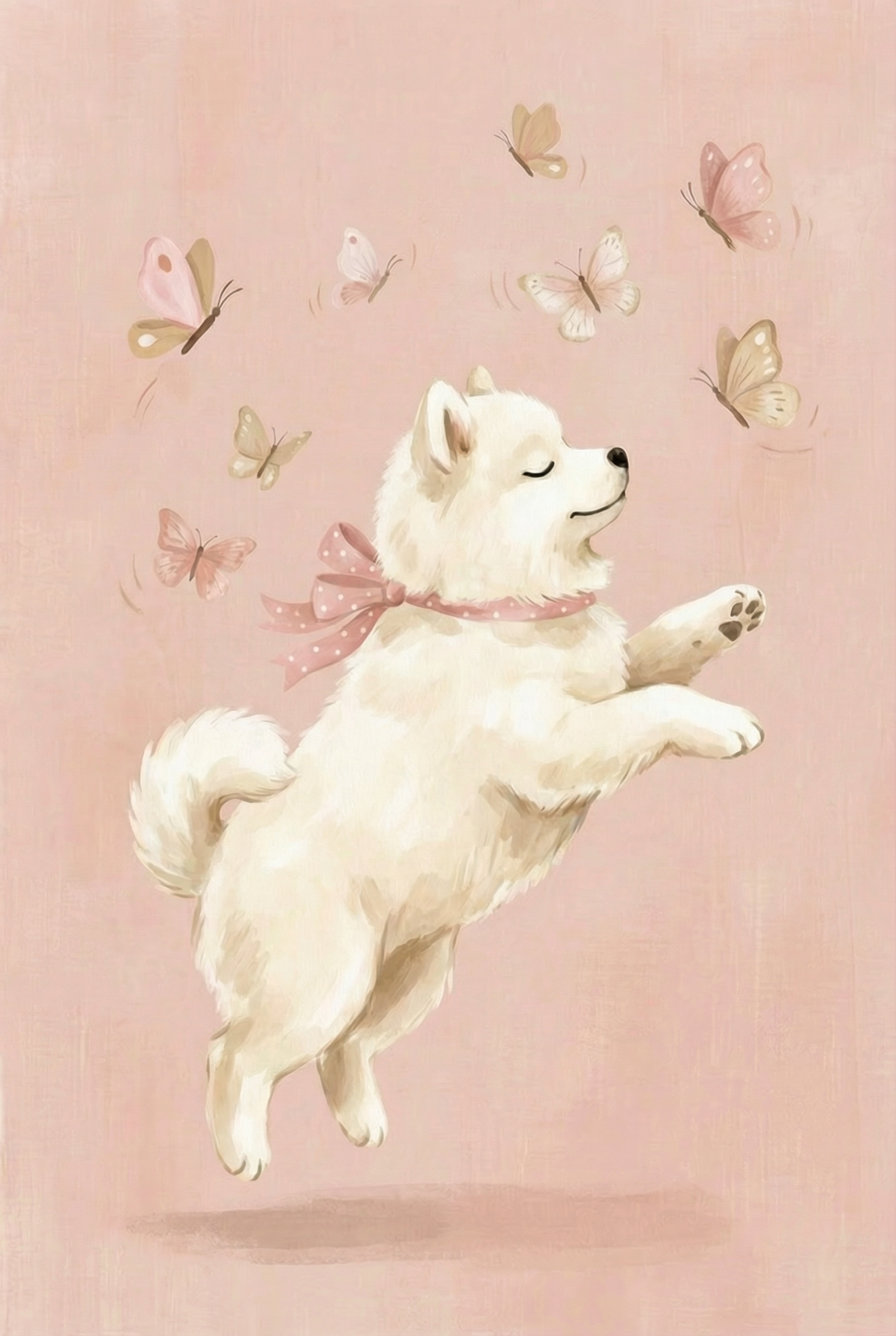Pink Polka Dot Samoyed Wall Art - Sweet Butterfly Leap